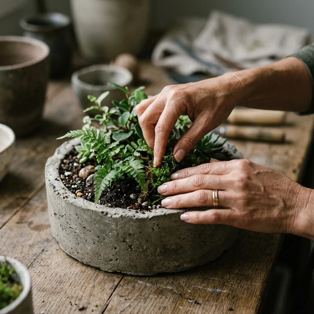 Hands placing moss into a finished planter composition.