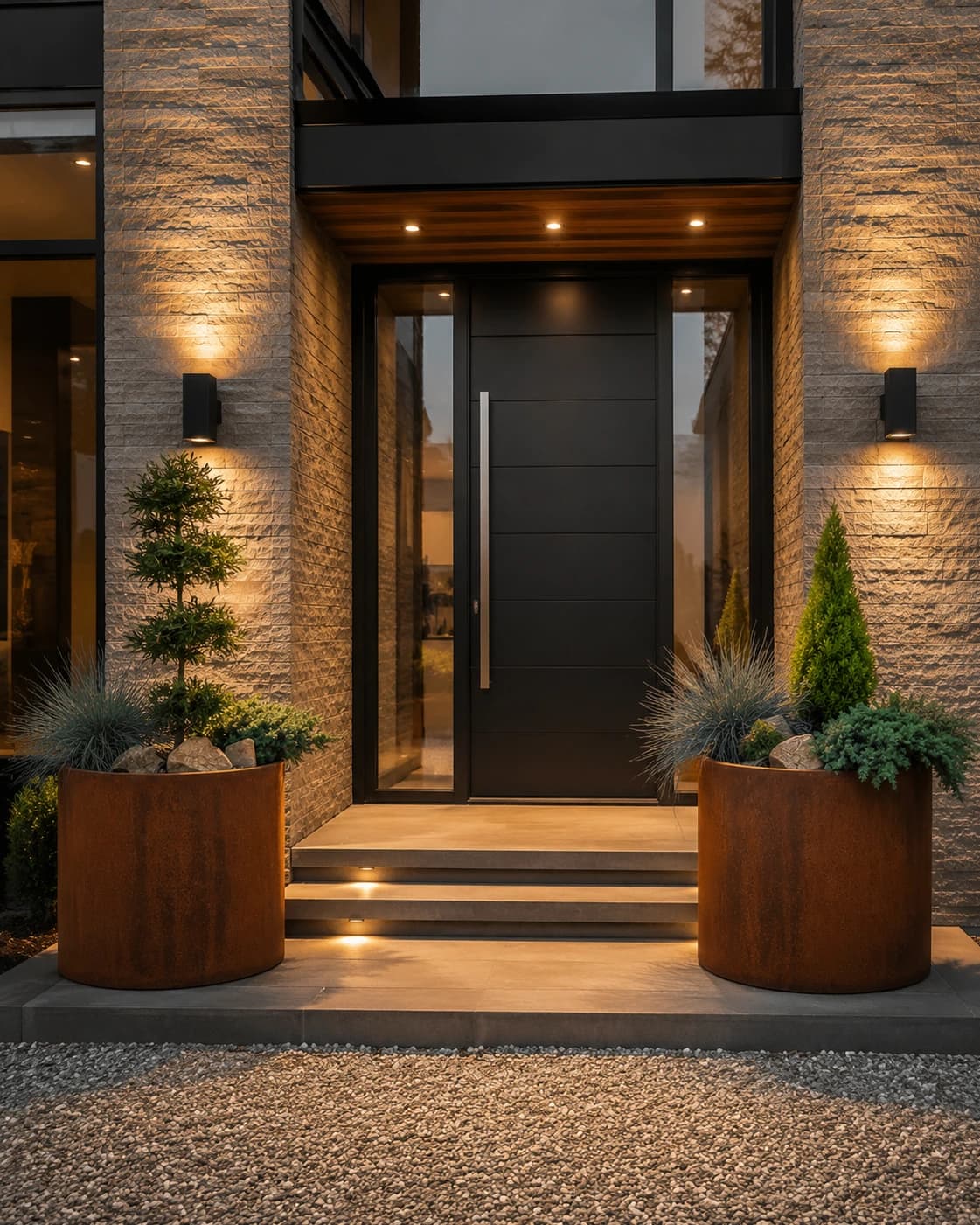 A matched pair of architectural planters framing the entrance to a private residence.