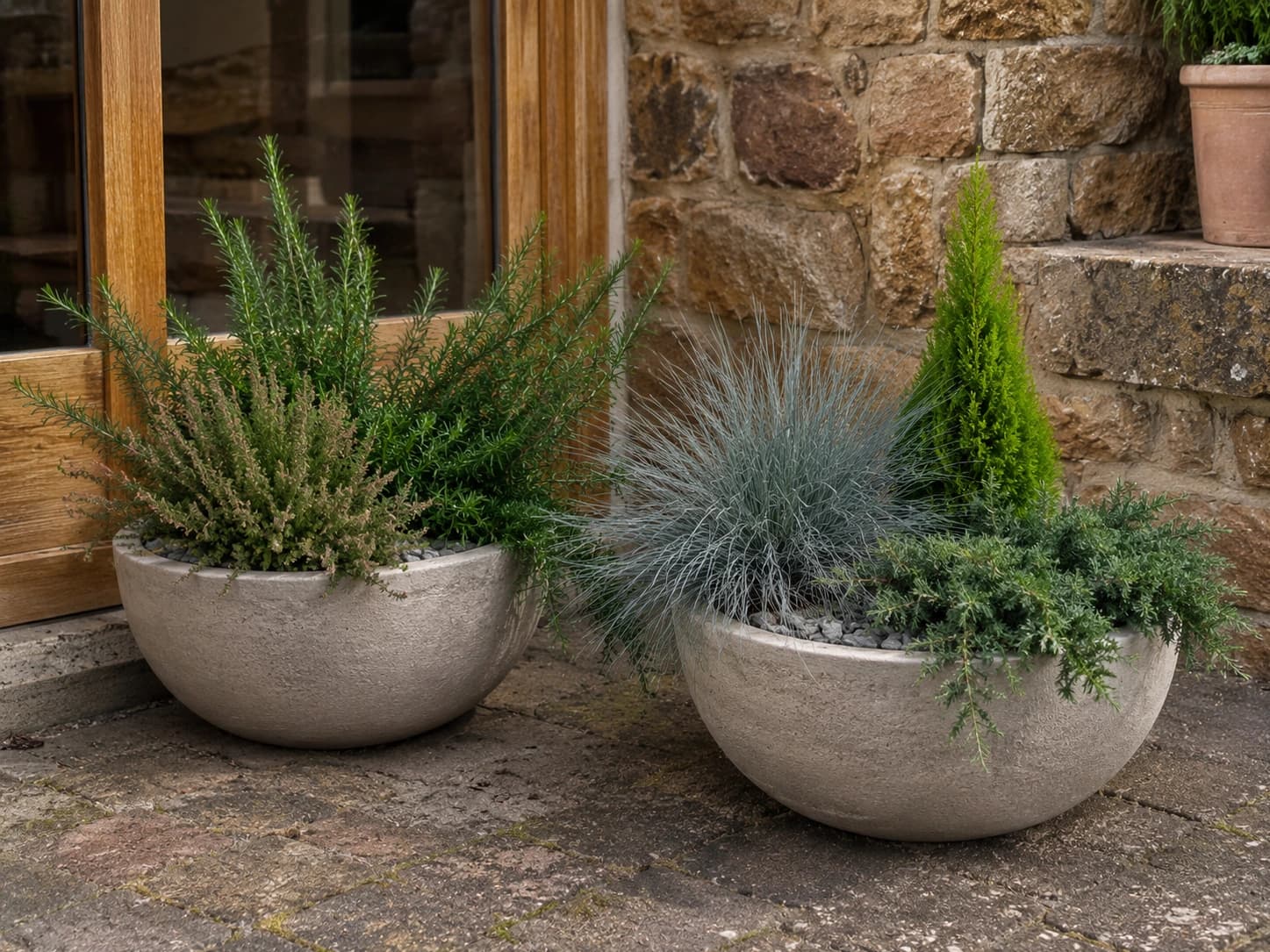 Curated low stone bowl planter compositions with architectural planting in a courtyard setting.