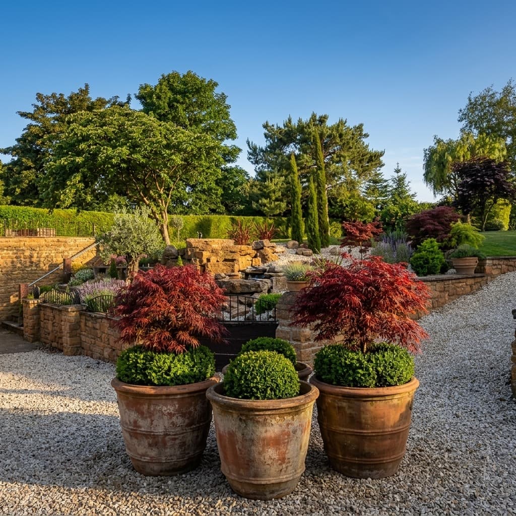 A signature Artisan Planters composition styled in situ at the threshold of a stone-fronted English country residence at golden hour.